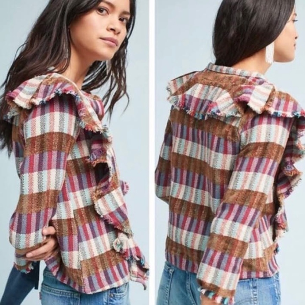 dRA Anthropologie Ruffle Plaid Blouse